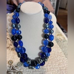 Vintage Blue and Black Beaded Necklace Statement Jewelry